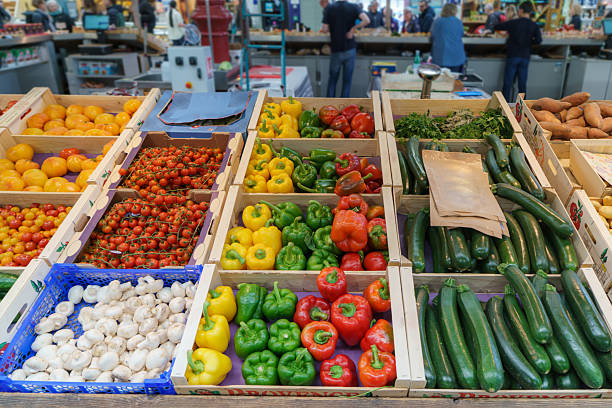 Colorful fresh vegetables displayed at a farmers market